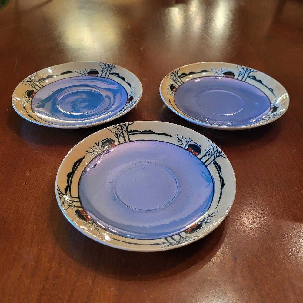 Lot of 3 Vintage Rising Sun Lusterware Saucers Hand Painted Japan 1920-30s